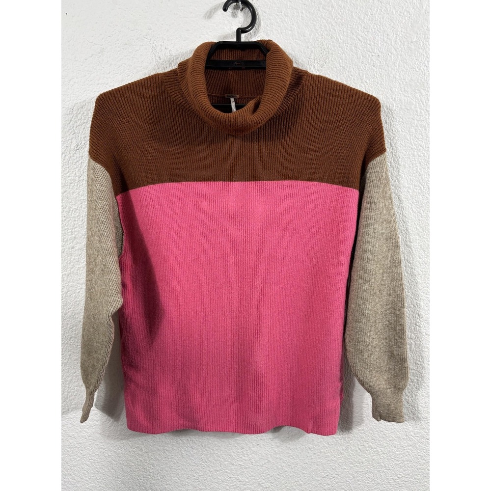 Free‎ People Sweater Womens XS Brown Pink Colorblock Cowl Neck Pullover Knit